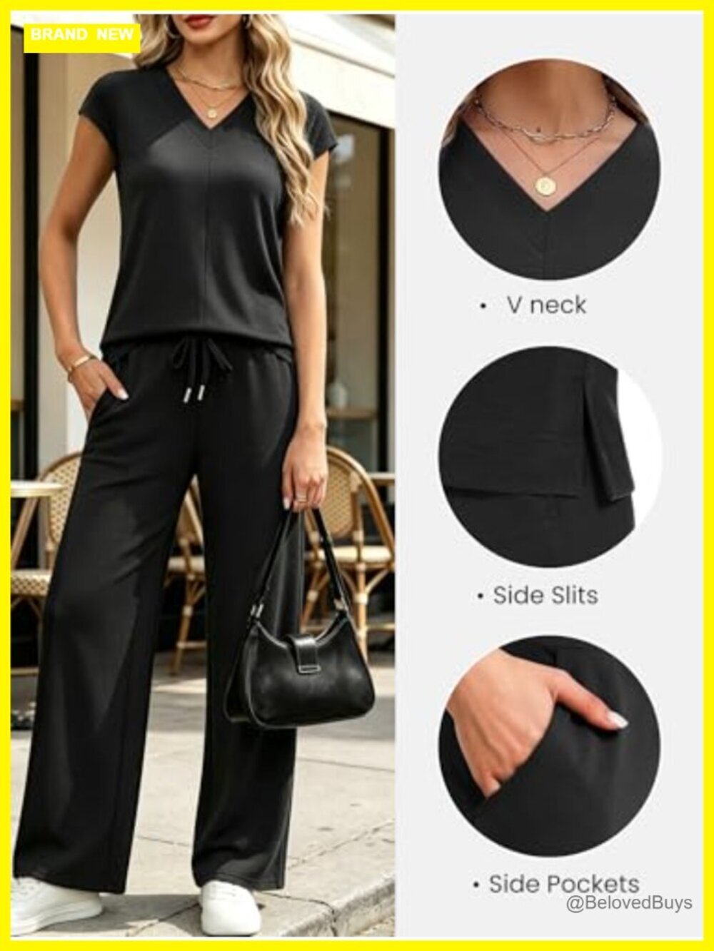 Two Piece Lounge Set V Neck Cap Sleeve Top Wide Leg Pants Side Slit - Picture 2 of 7